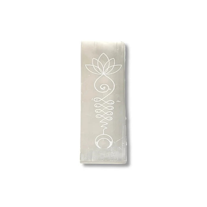 Selenita rectangular gravada 10 cm.